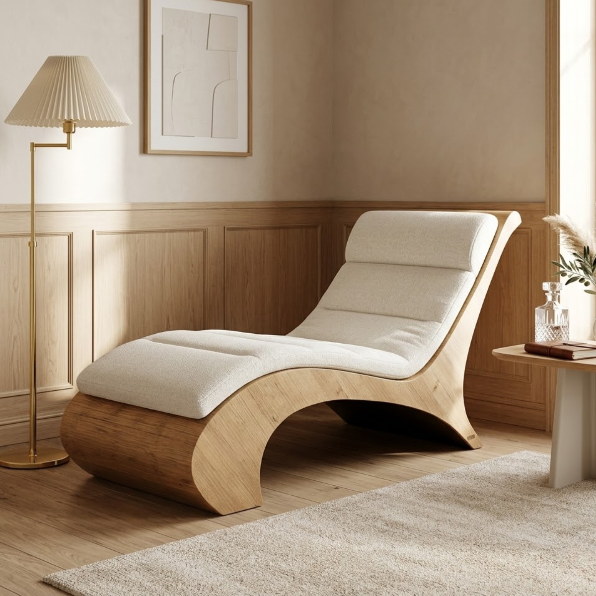Sculptural Upholstered Chaise Lounge With Curved Frame, Cream Cushion, Reading Nook