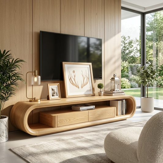 Modern Curved Entertainment Console, Sculptural TV Stand for Luxury Living Rooms