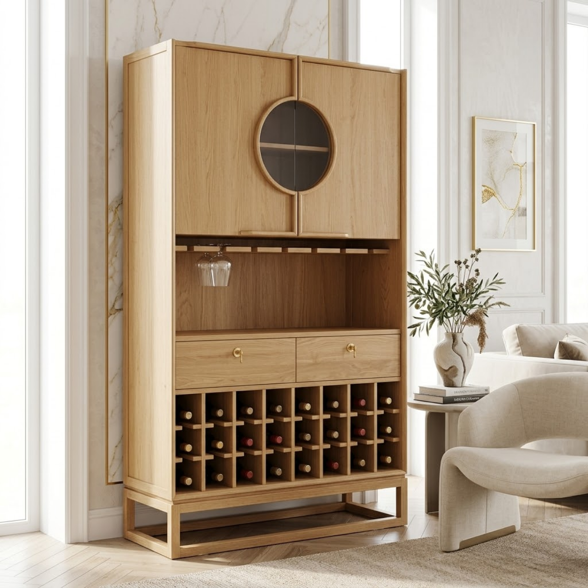 Contemporary Wooden Bar Cabinet, Sophisticated Wine Storage Hutch with Circular Doors