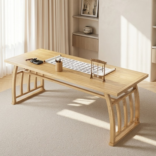 Minimalist Writing Desk, Curved Frame Contemporary Japanese Long Home Office Workspace Table