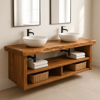 Floating Double Sink Bathroom Vanity – Solid Wood Live Edge Countertop with Open Shelves – Rustic Modern Wall-Mounted Vanity Design Kitchnce