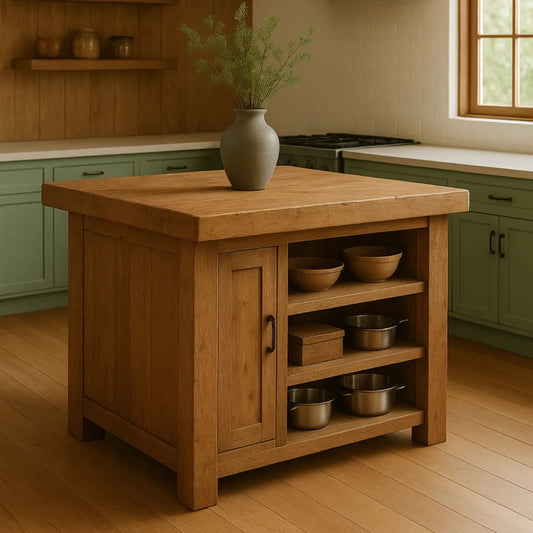 Handcrafted Solid Wood Kitchen Island - Square Shape, Cabinet & Shelves Kitchnce