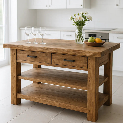 Handcrafted Solid Wood Kitchen Island - Live-Edge Top, 2 Drawers & Shelves Kitchnce