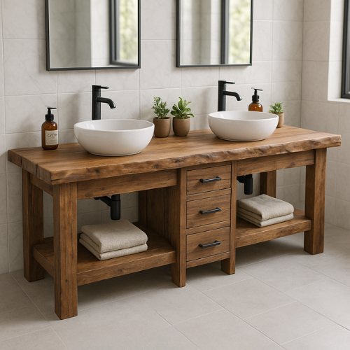 Handcrafted Solid Wood Double Bathroom Vanity – Live Edge Top with 3 Drawers & Open Shelves Kitchnce