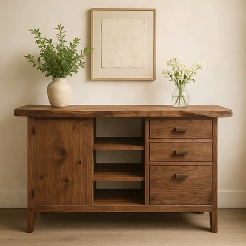 Handcrafted Solid Wood Console Table – Live-Edge Slab with Cabinet and Drawers Kitchnce