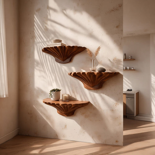 Organic Sculptural Floating Wall Shelf Set in Natural Wood