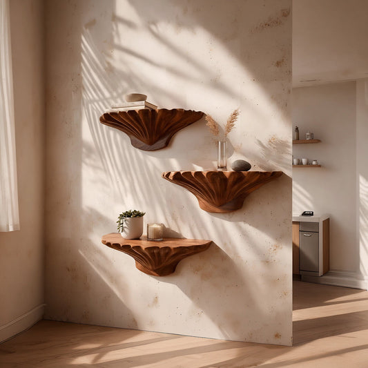 Organic Sculptural Floating Wall Shelf Set in Natural Wood