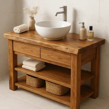 Solid Wood Bathroom Vanity – Handcrafted Live Edge Countertop with Drawers & Open Shelves – Rustic Farmhouse Vanity for Modern Interiors Kitchnce