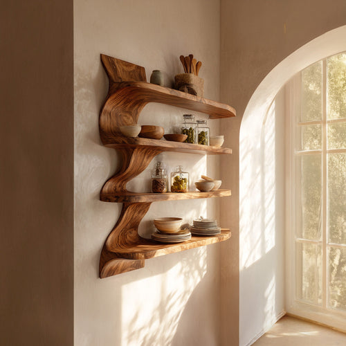 Organic Wood Dining Wall Shelf With Open Storage