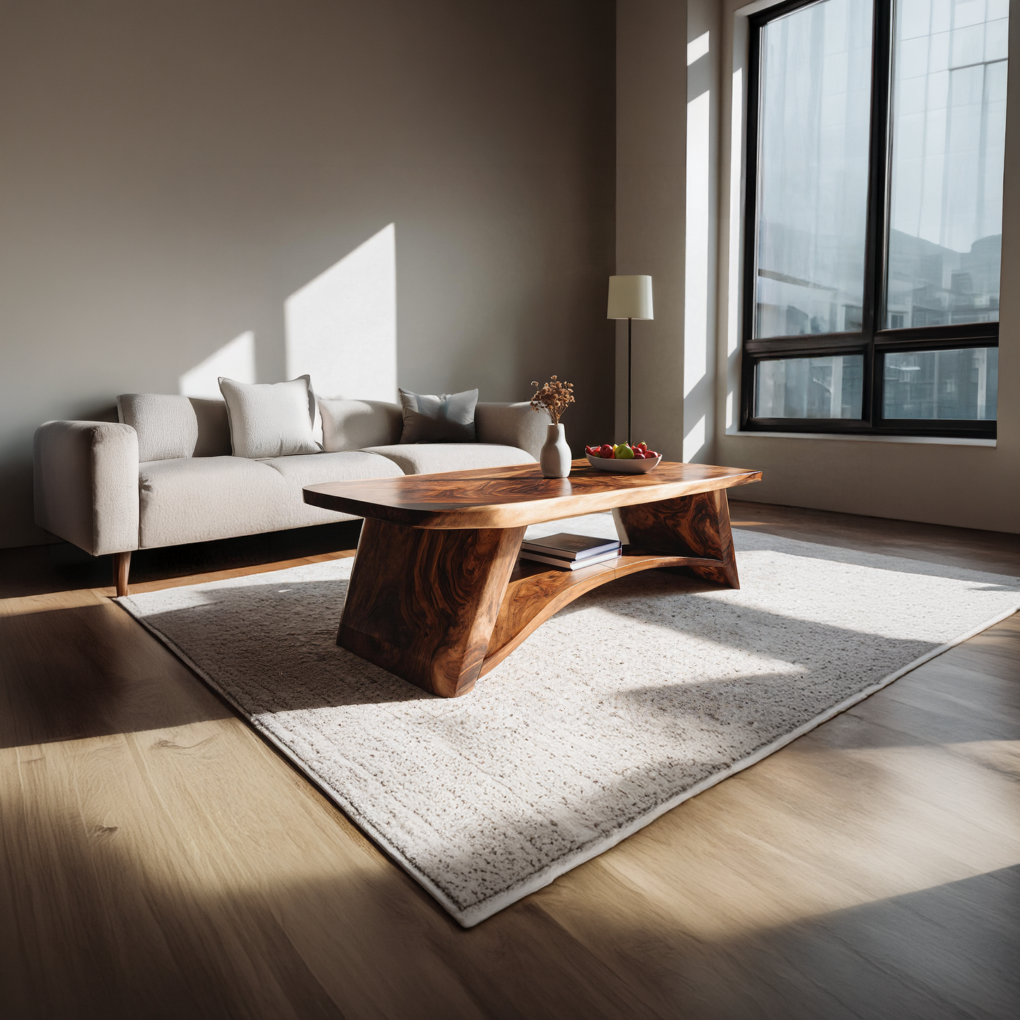 Solid Wood Coffee Table with Arched Base and Organic Edge Top