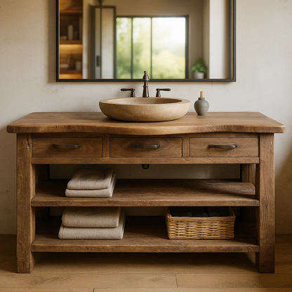 Handcrafted Solid Wood Bathroom Vanity with Curved Live-Edge Top and Triple Storage Drawers Kitchnce