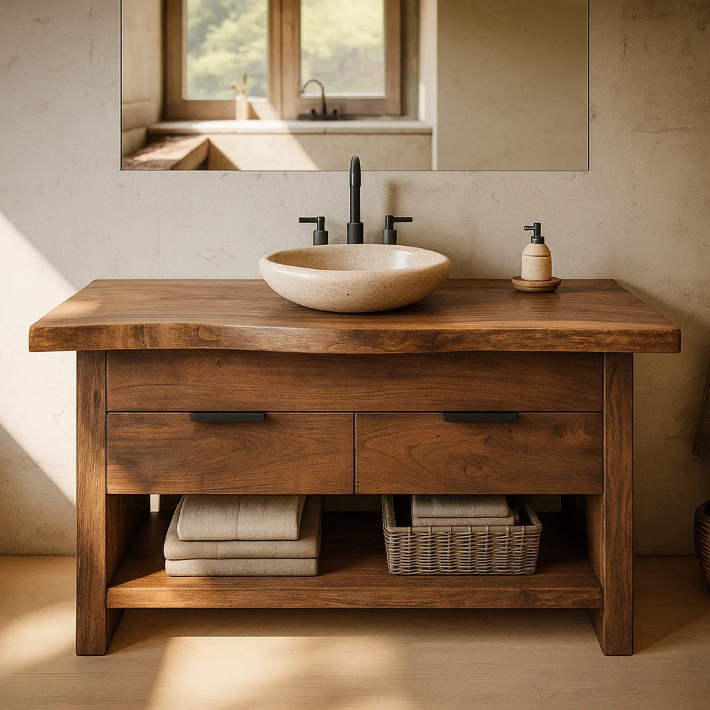 Handcrafted Solid Wood Bathroom Vanity with Live Edge Top and Open Storage Shelf Kitchnce