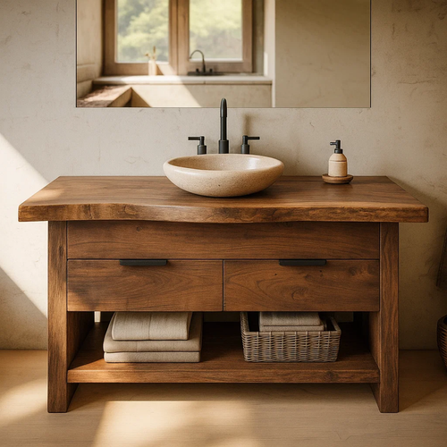 Handcrafted Solid Wood Bathroom Vanity with Live Edge Top and Open Storage Shelf Kitchnce