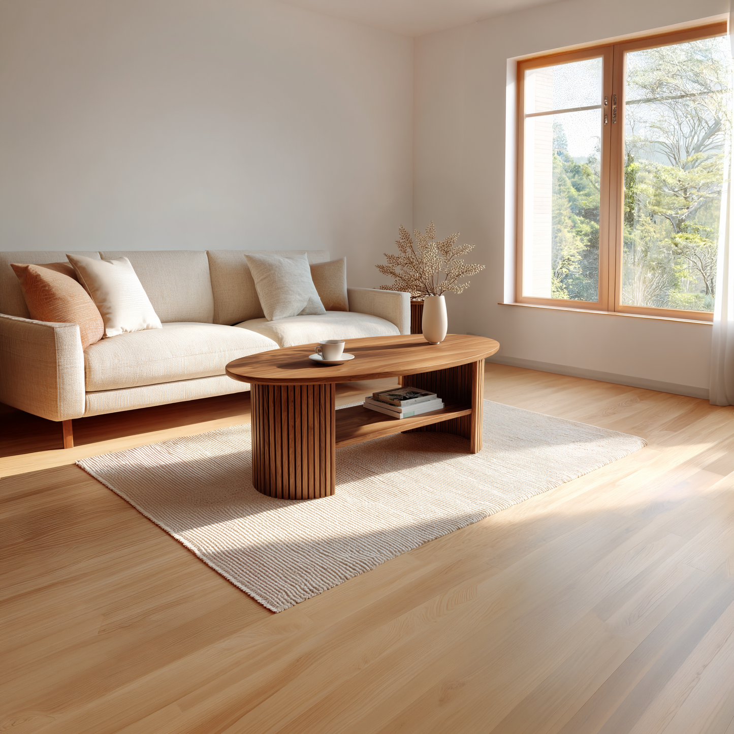 Oval Coffee Table with Fluted Base and Open Shelf Design