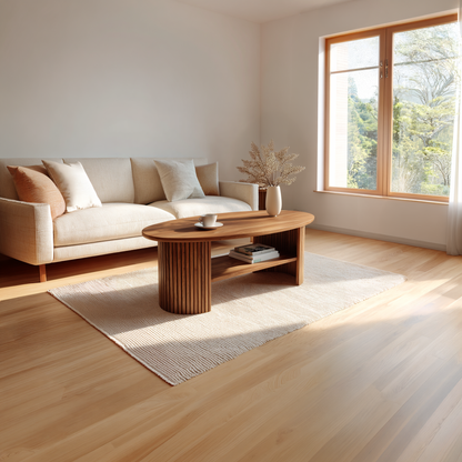 Oval Coffee Table with Fluted Base and Open Shelf Design