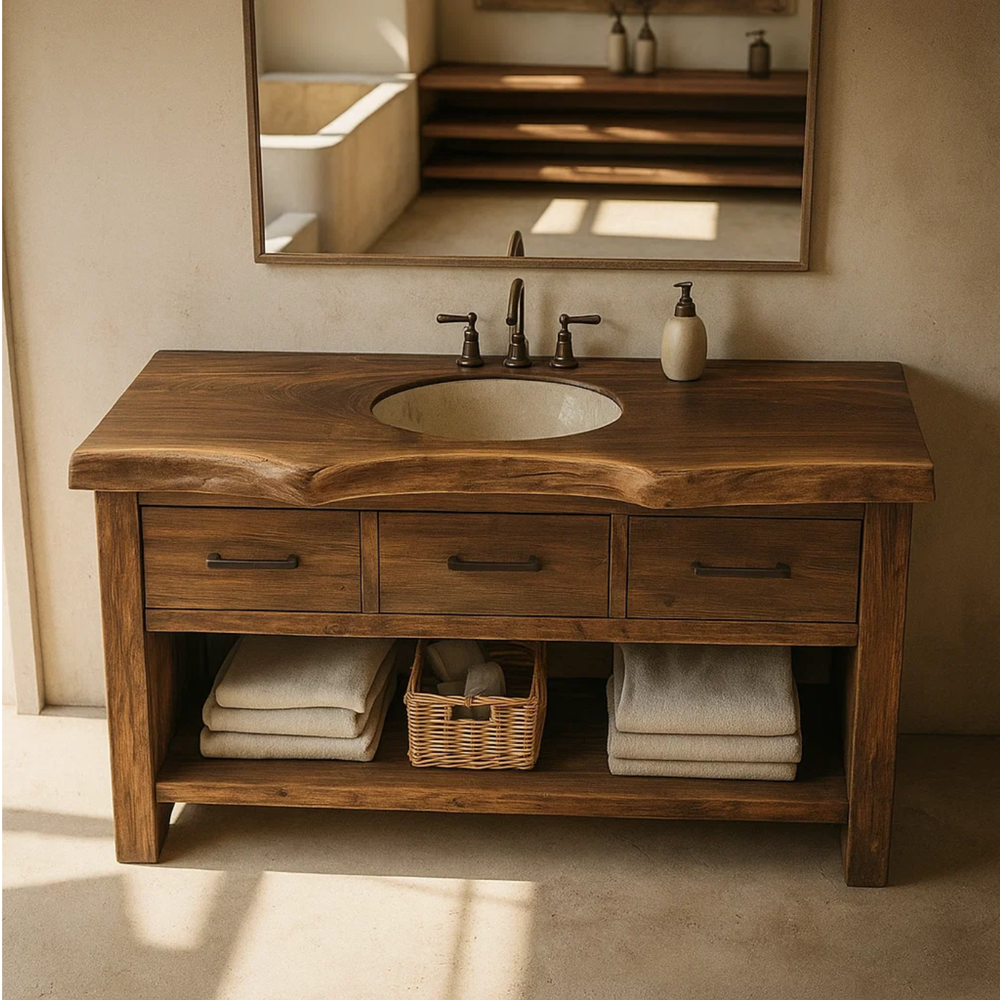 Handcrafted Solid Wood Bathroom Vanity with Live Edge Top, Triple Drawers & Open Storage Shelf Kitchnce