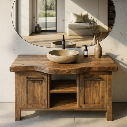 Handcrafted Solid Wood Bathroom Vanity with Live-Edge Top and Dual Side Cabinets Kitchnce