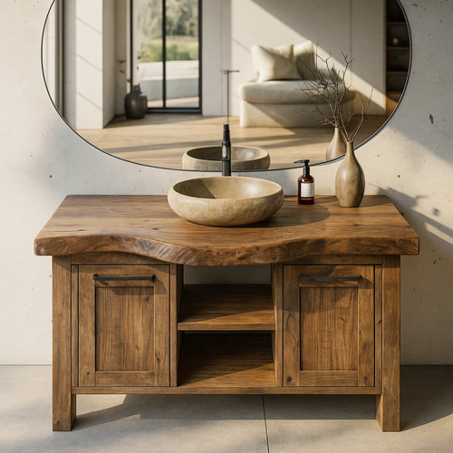 Handcrafted Solid Wood Bathroom Vanity with Live-Edge Top and Dual Side Cabinets Kitchnce