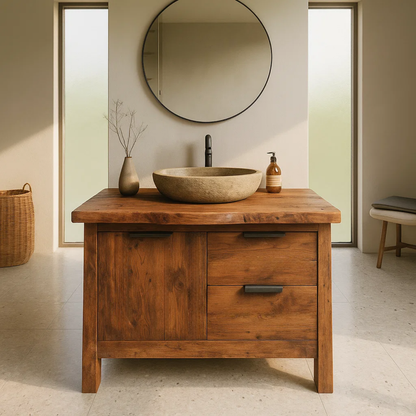Handcrafted Solid Wood Bathroom Vanity with Live-Edge Top and Modern Drawer Design Kitchnce