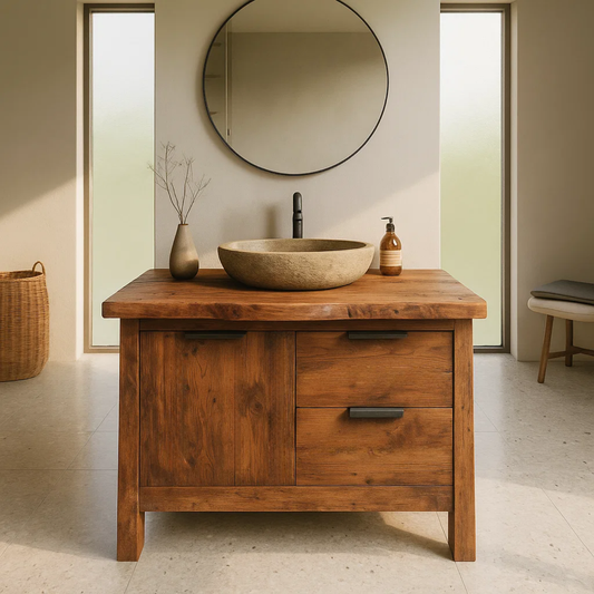 Handcrafted Solid Wood Bathroom Vanity with Live-Edge Top and Modern Drawer Design Kitchnce