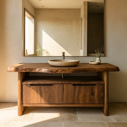 Handcrafted Solid Wood Bathroom Vanity with Live-Edge Walnut Top & Soft-Close Doors Kitchnce