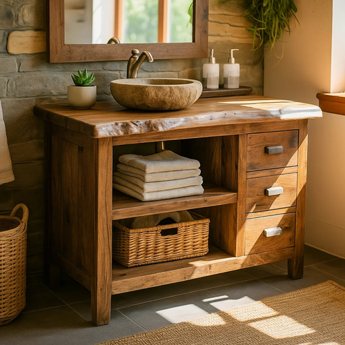 Handcrafted Solid Wood Bathroom Vanity with Live-Edge Top and Spacious Open Storage Kitchnce