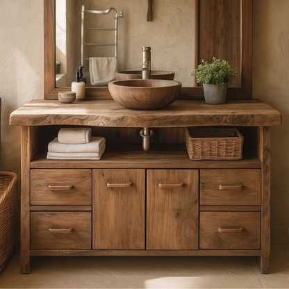 Solid Wood Live Edge Double Bathroom Vanity with 6 Drawers and Double Cabinet Doors for Modern Farmhouse Bathrooms