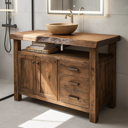 Rustic Solid Wood Bathroom Vanity with Double Door Cabinet and Three Drawers