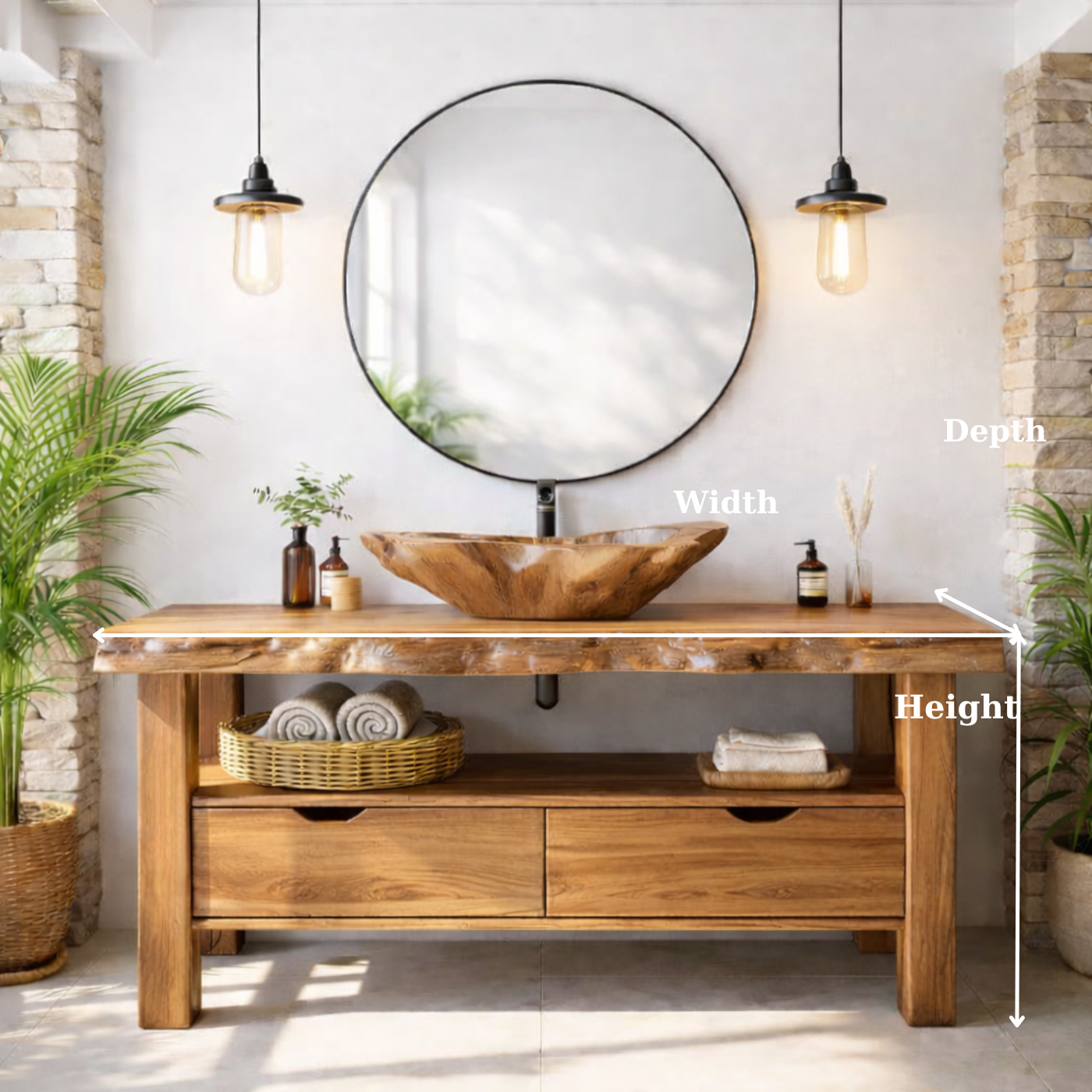 Solid Wood Bathroom Vanity with Live Edge Countertop and Open Shelf – Rustic Modern Bathroom Cabinet Kitchnce