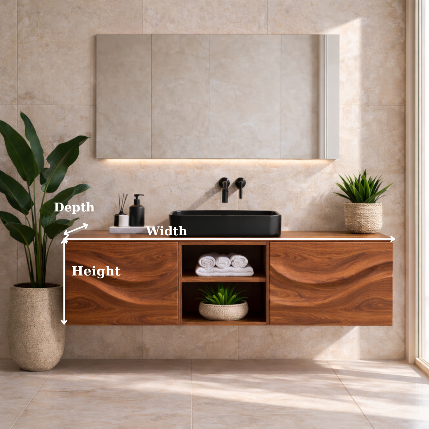 Floating Walnut Bathroom Vanity, Wall Mounted Wood Vanity Cabinet with Open Shelf