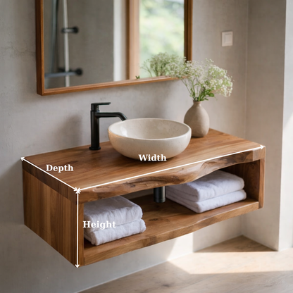 Live Edge Floating Bathroom Vanity, Solid Wood Wall Mounted Vanity Shelf with Storage Kitchnce