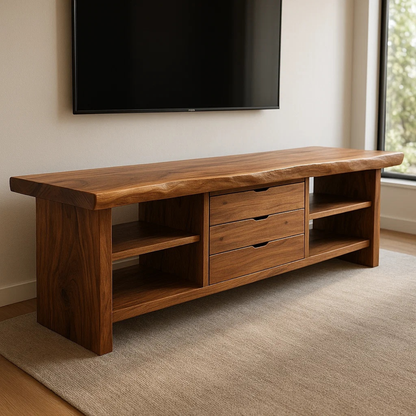Handcrafted Solid Wood TV Stand - Live Edge Walnut, 3 Drawers & Open Shelves Kitchnce
