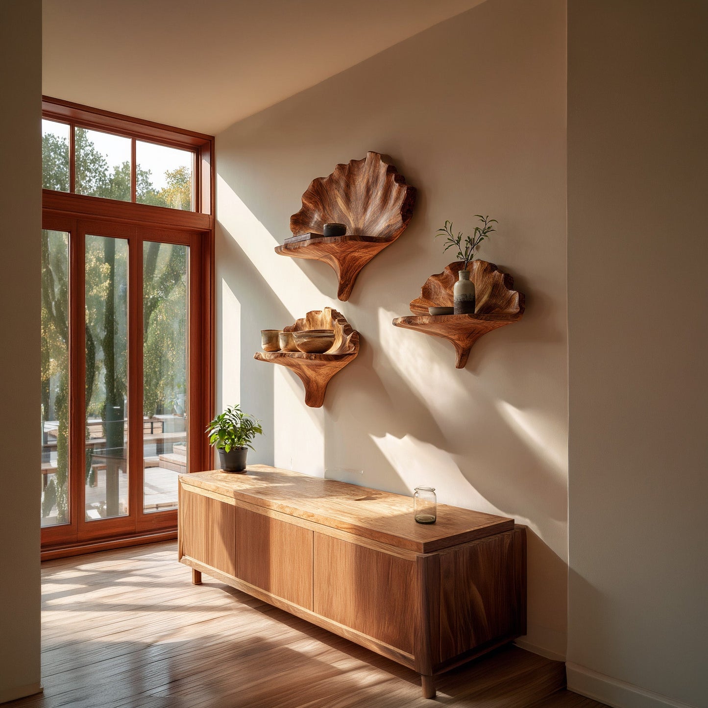 Sculptural Floating Wall Shelf Set in Natural Wood with Layered Organic Form