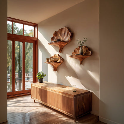 Sculptural Floating Wall Shelf Set in Natural Wood with Layered Organic Form