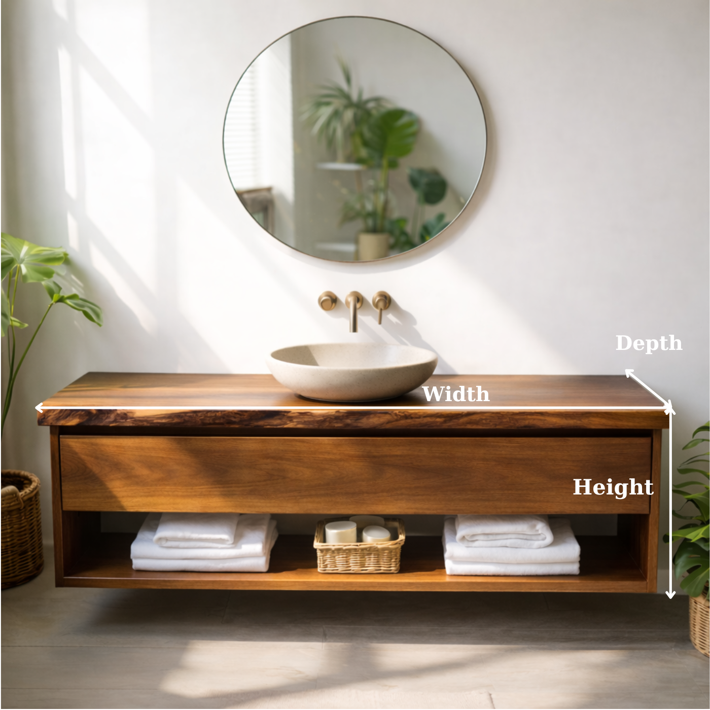 Floating Solid Wood Bathroom Vanity with Drawer and Open Shelf, Wall Mounted Wood Vanity