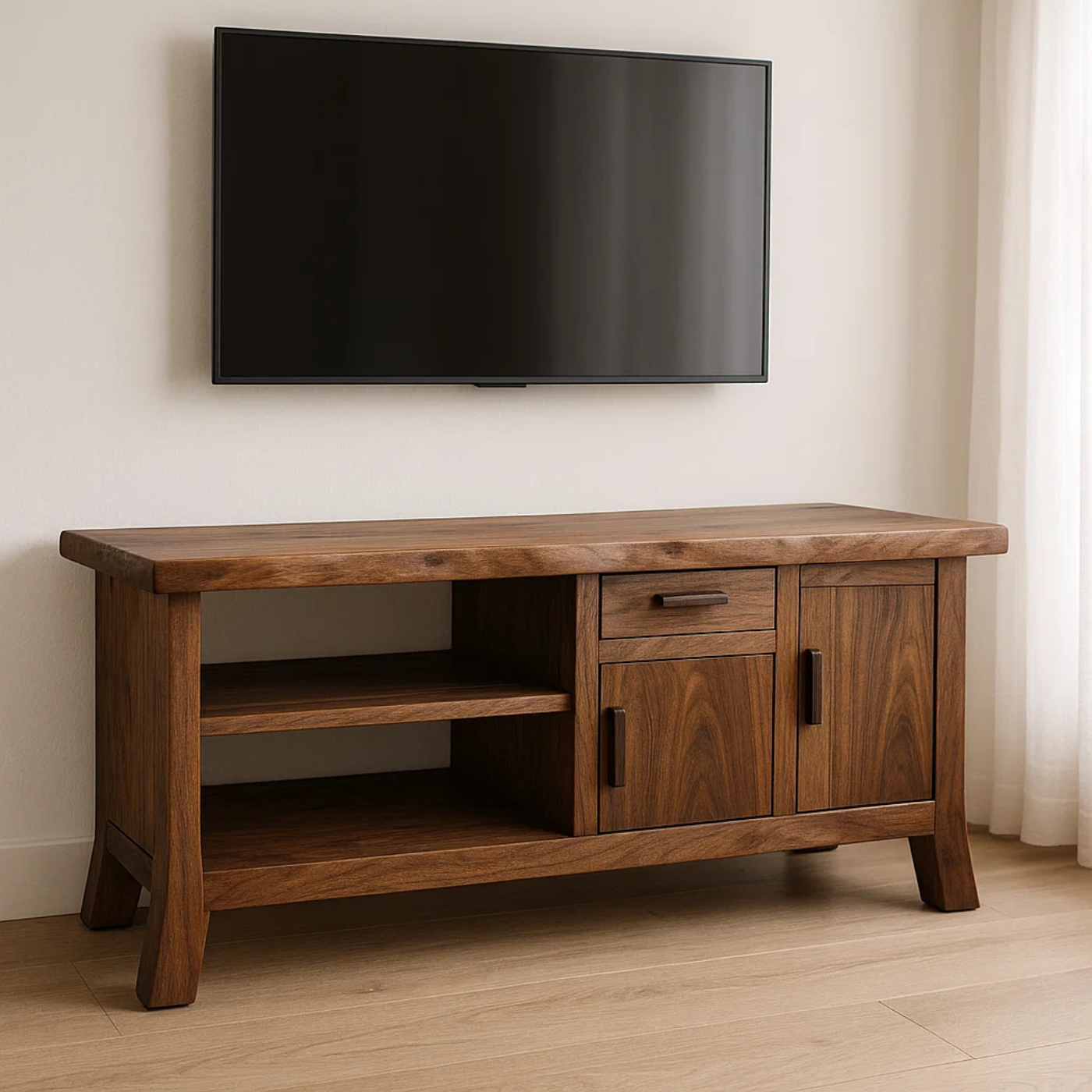 Handcrafted Solid Wood TV Stand - Live Edge Console, Drawer, Cabinet & Open Shelves Kitchnce