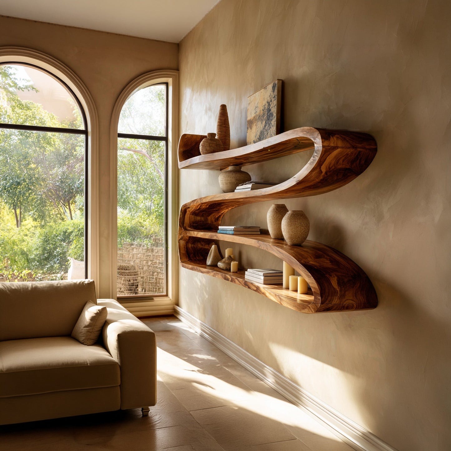 Sculptural Wood Wall-Mounted Shelf With Open Display