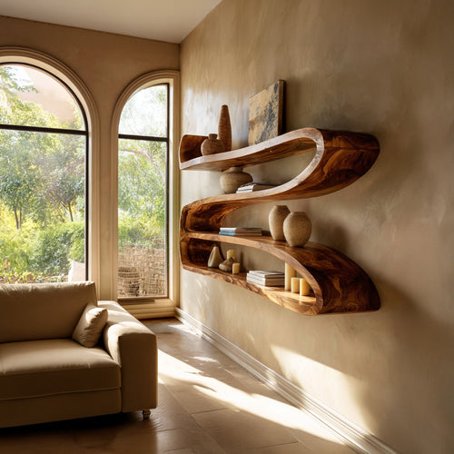 Sculptural Wood Wall-Mounted Shelf With Open Display