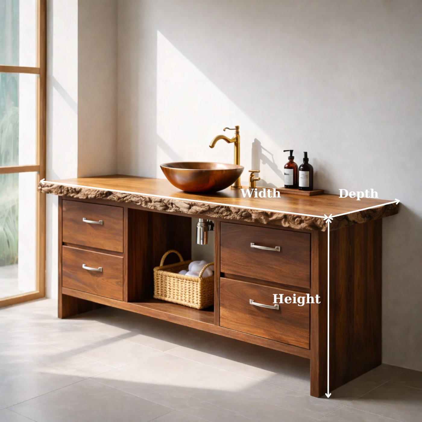 Rustic Solid Wood Bathroom Vanity with Live Edge Countertop Kitchnce