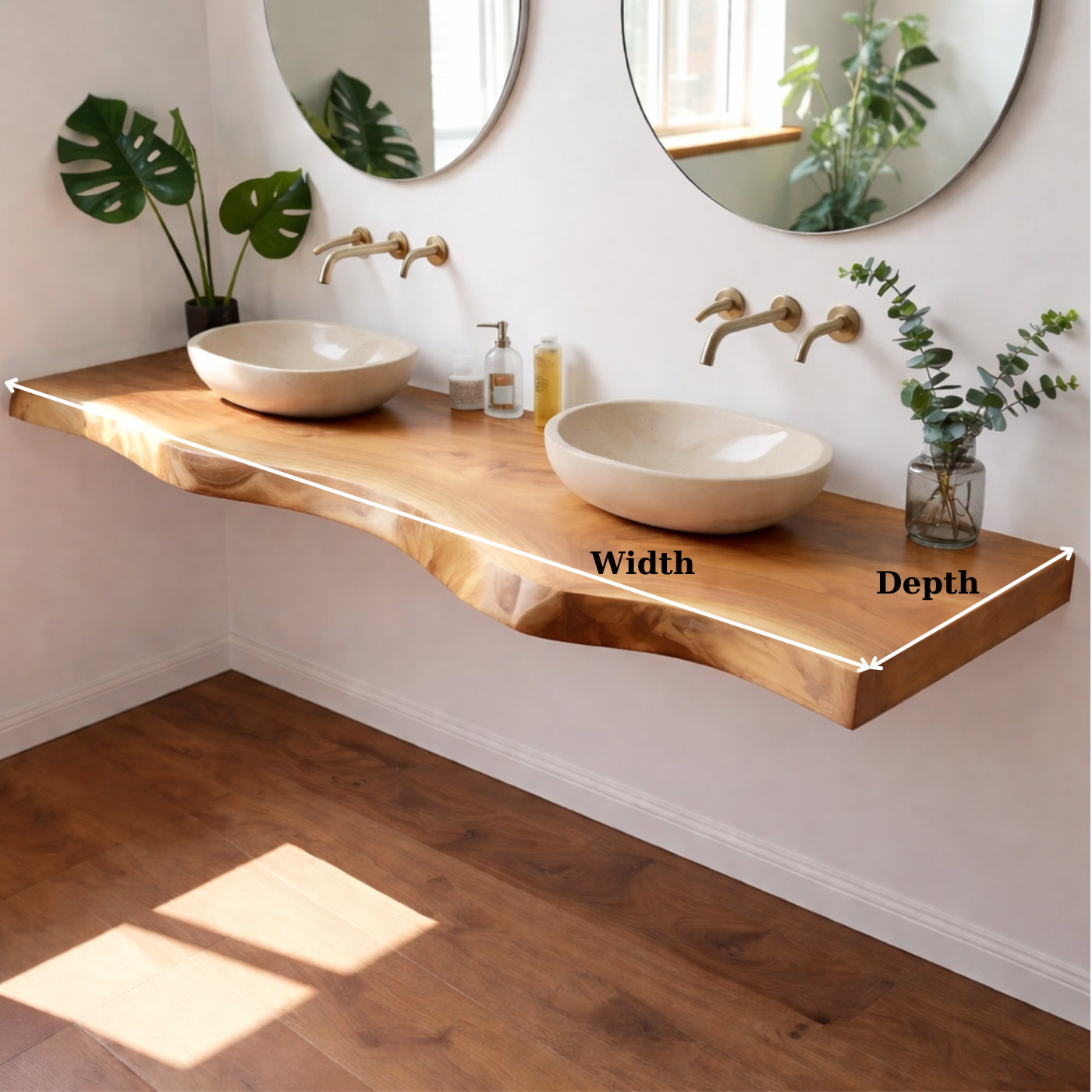 Floating Live Edge Solid Wood Double Sink Bathroom Vanity Top – Rustic Wall Mounted Wood Countertop Kitchnce