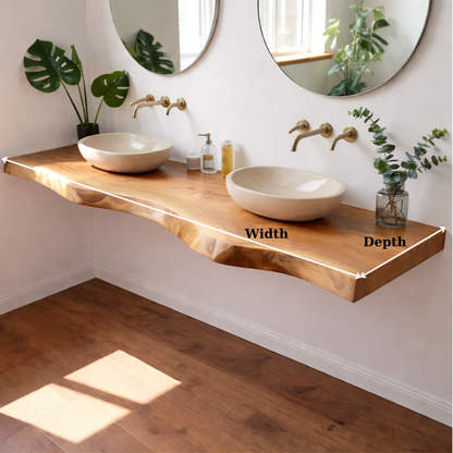 Floating Live Edge Solid Wood Double Sink Bathroom Vanity Top – Rustic Wall Mounted Wood Countertop Kitchnce