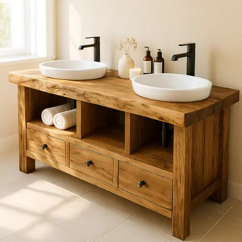 Handcrafted Solid Wood Double Sink Bathroom Vanity – Rustic Live Edge Countertop with 3 Drawers & Open Shelves – Farmhouse Design Kitchnce
