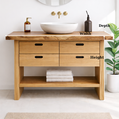Solid Wood Bathroom Vanity Cabinet with Live Edge Top, 4 Drawers and Open Storage Shelf Kitchnce