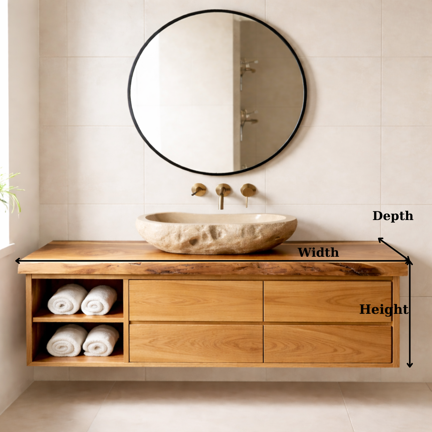 Floating Solid Wood Bathroom Vanity with Live Edge Countertop, Drawers and Open Storage Kitchnce