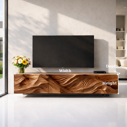 Modern Solid Wood TV Stand with Artistic Carved Front – Walnut Media Console Cabinet Kitchnce