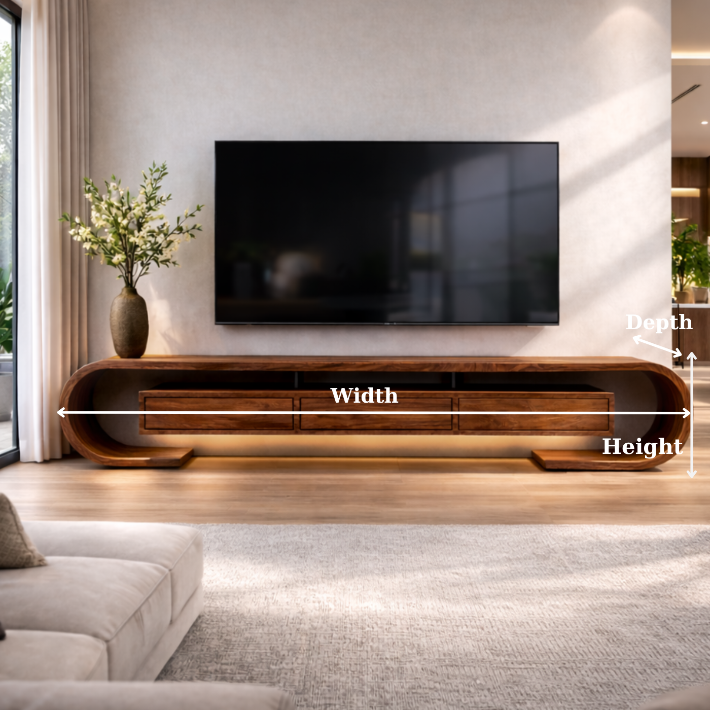 Modern Curved Solid Wood TV Stand – Walnut Floating Media Console with Drawers Kitchnce