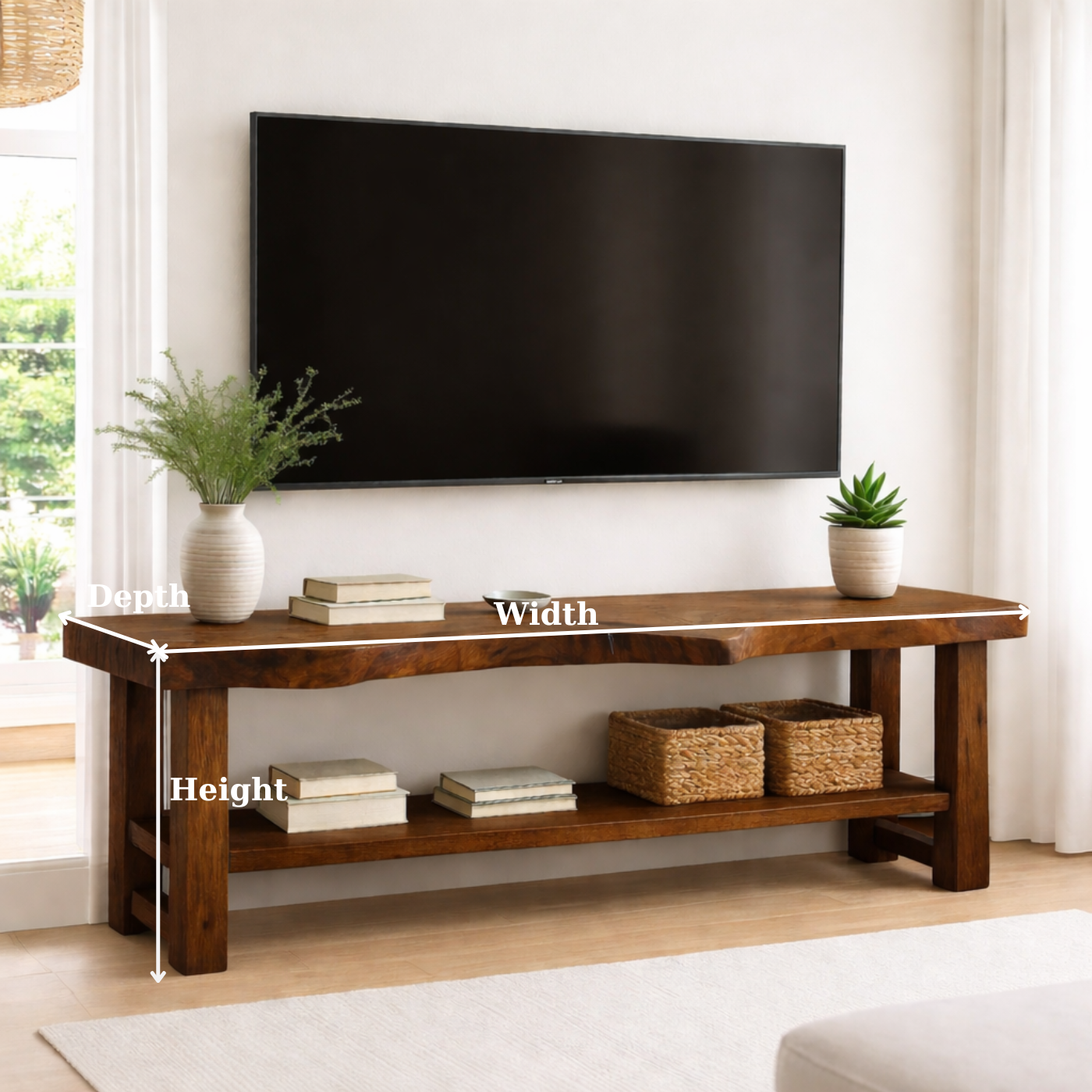 Live Edge Solid Wood TV Stand with Shelf – Rustic Walnut Media Console Table Kitchnce