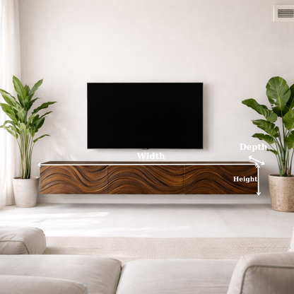 Floating Solid Wood TV Stand with Carved Wave Front – Modern Walnut Media Console Kitchnce