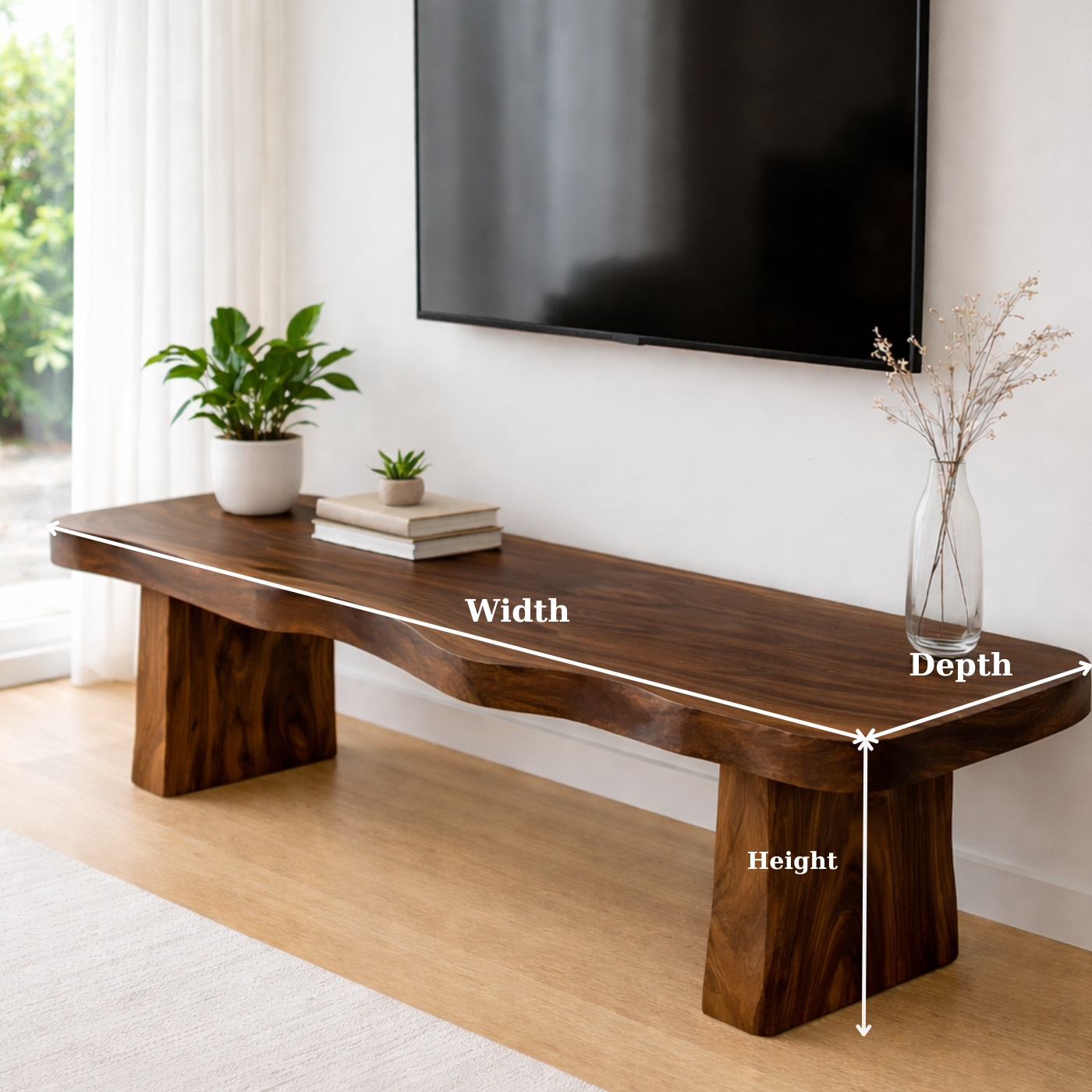 Live Edge Solid Wood TV Stand – Rustic Walnut Media Console Table for Living Room Kitchnce