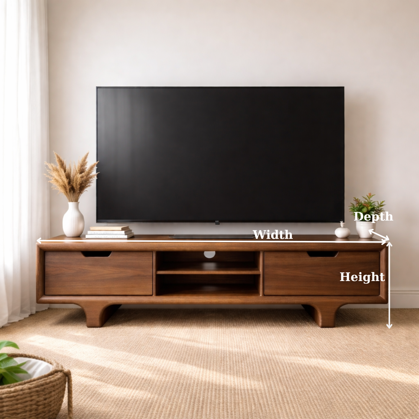 Mid Century Walnut Wood TV Stand with Drawers – Solid Wood Media Console Cabinet Kitchnce